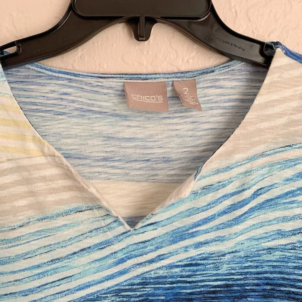 Chico’s Top Womens Large‎ Blue White Watercolor Asymmetrical Abstract Stripe - Picture 4 of 8